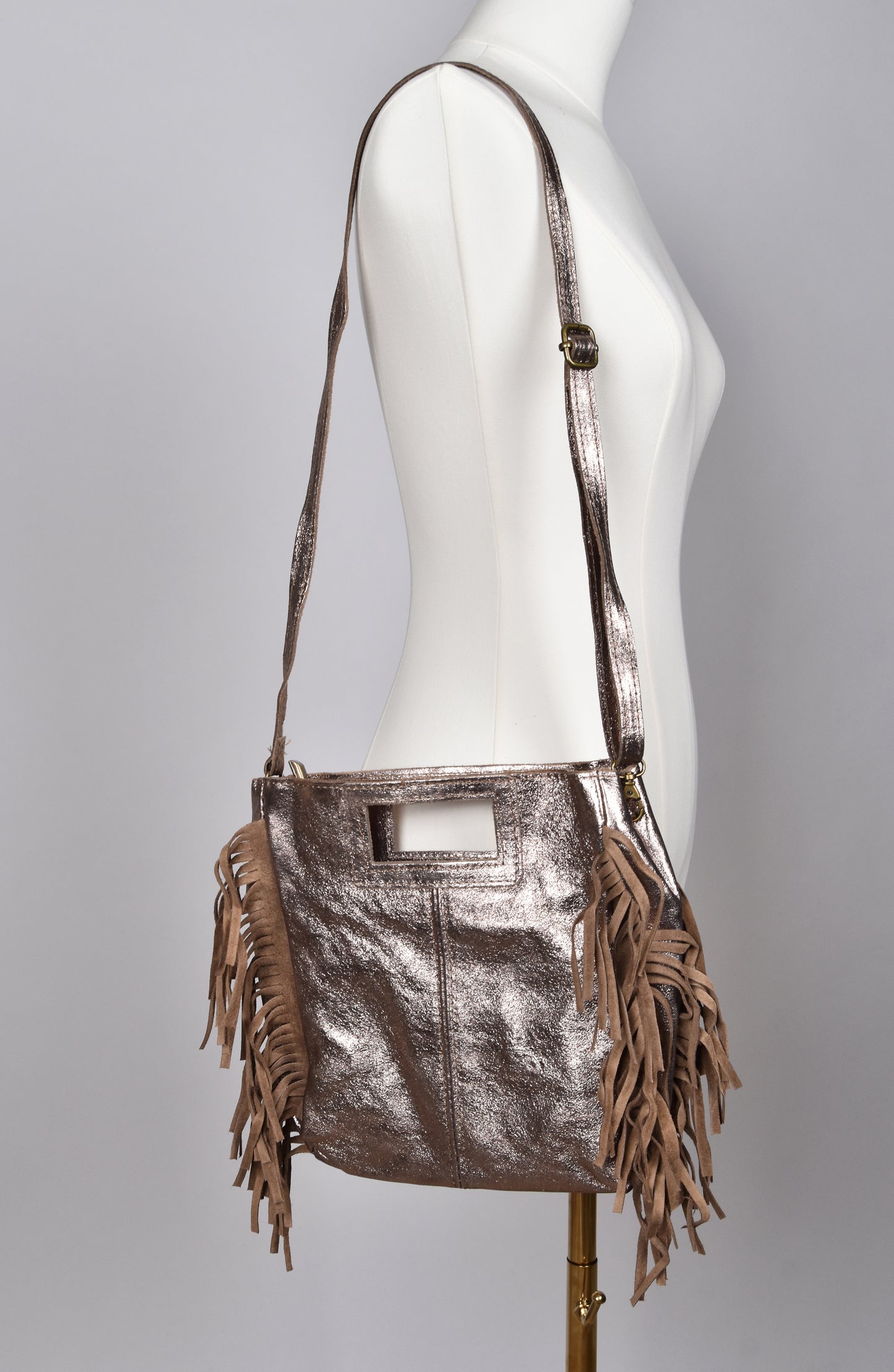 Sac franges camel shiny 100% cuir - Made in Italie